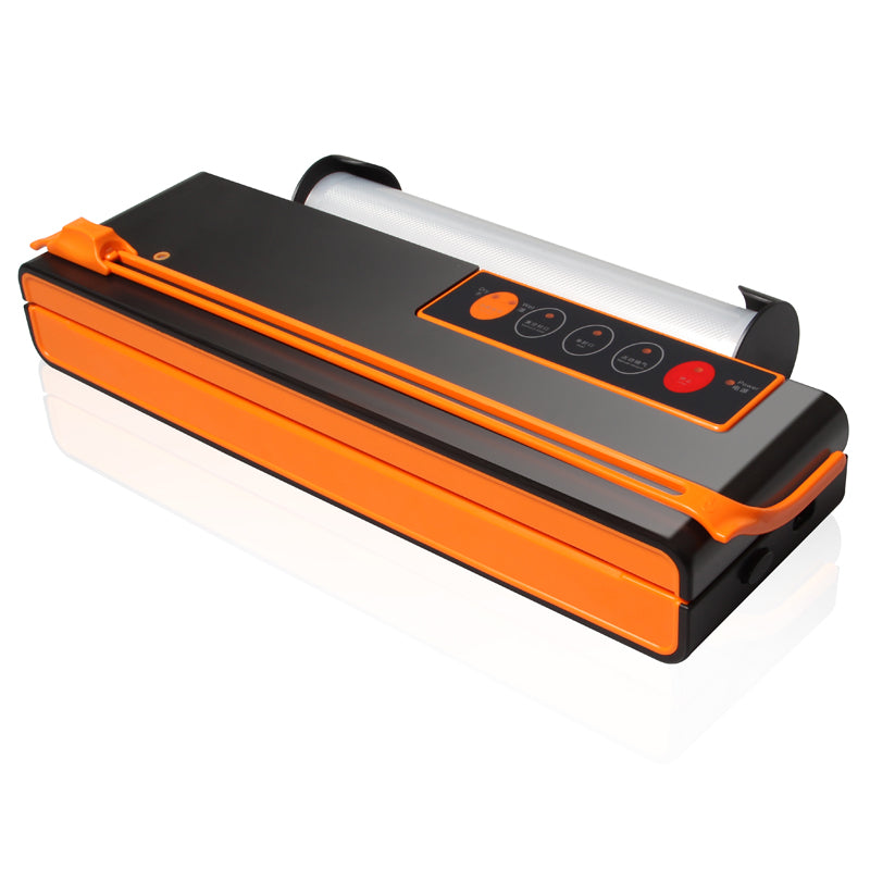 Vacuum sealer packaging machine, orange and black with control panel and lid