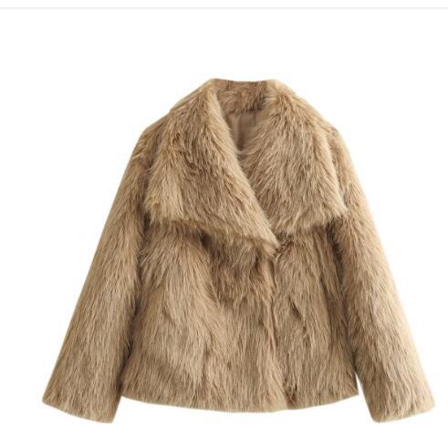 Tan plush faux-fur coat with notched lapels and long sleeves