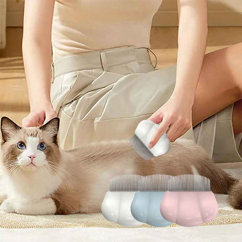 Pet grooming shell comb with metal teeth on dog, cream and pastel colors