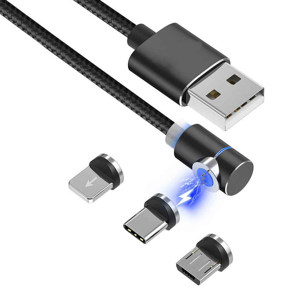Magnetic LED charging cable with USB-A, USB Type-C, and lightning adapters, black