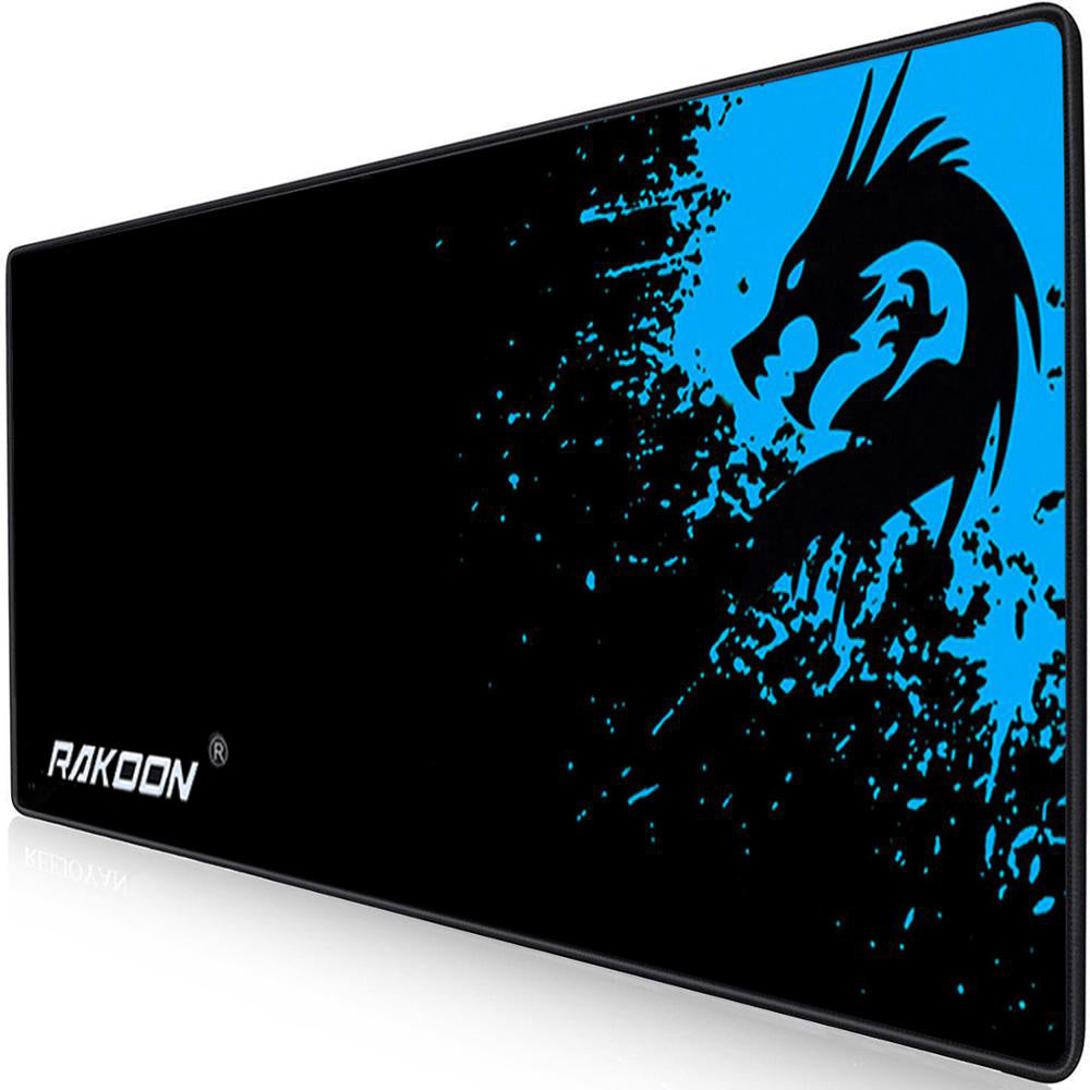 Mouse pad close-up with black and blue dragon graphic, RAKOON logo at lower left