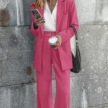 Women’s blazer and wide-leg trousers suit, pink, long sleeves with flap pockets