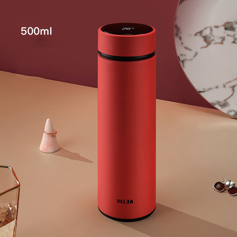 Insulated LCD water bottle, 500 ml, red body with black top temperature screen