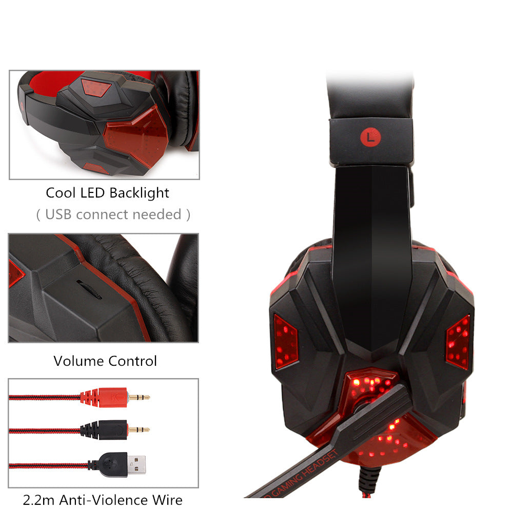 Over-ear gaming headphones, black with red backlit earcups and attached mic