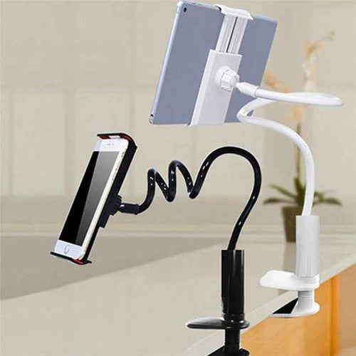 White 360-degree spiral phone/tablet stand with angled tablet and phone holders
