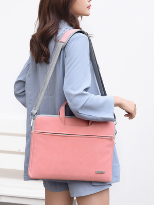 Pink PU leather laptop shoulder bag with top handle and adjustable crossbody strap