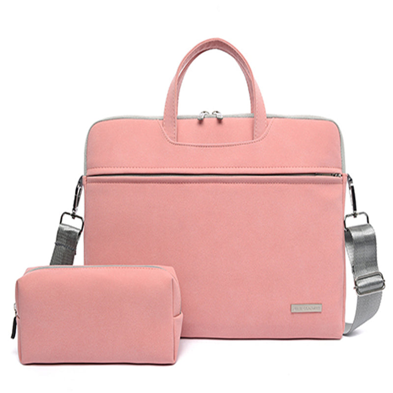 Pink PU leather laptop bag with top handle, zipper front, and matching small pouch