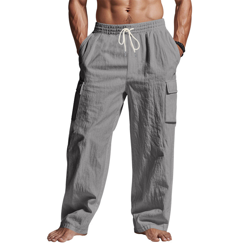 Gray linen cargo pants with elastic drawstring waist and side leg pockets
