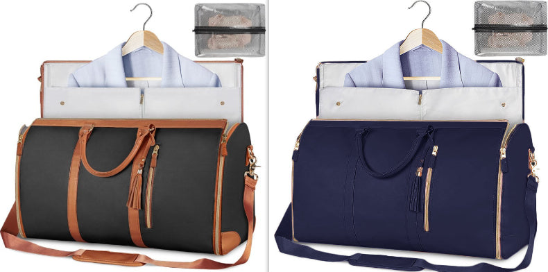 Pair of travel duffle bags: black with tan trim and navy, open garment organizers, hanging shirts