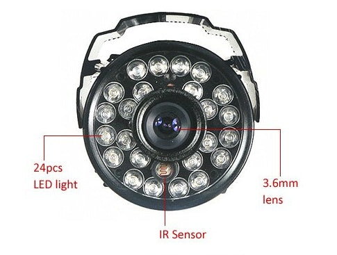 Security dome camera with 24-LED ring, 3.6mm lens, and IR sensor