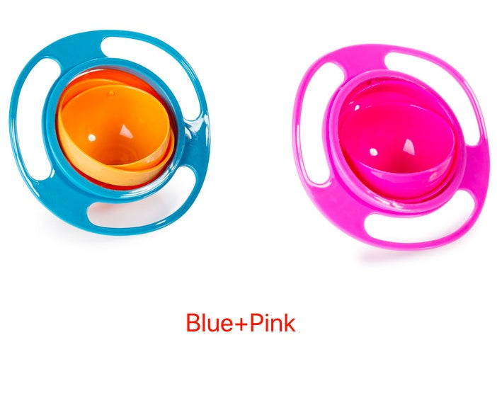Blue and pink rotating spill-proof bowl dish set with inner bowls and handles