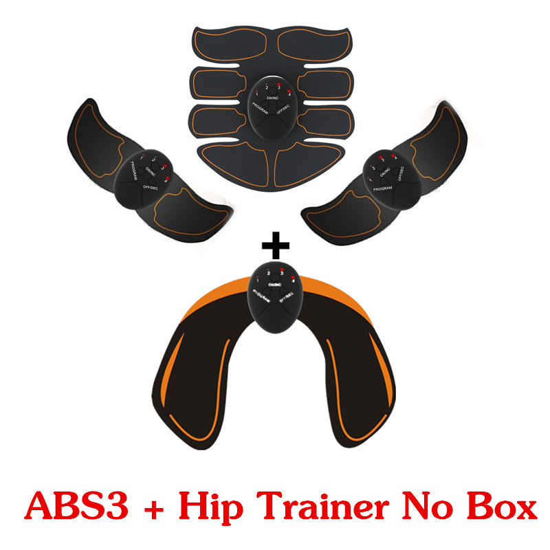 EMS hip and abdominal trainer pad set with black controller and orange-outlined arched pads