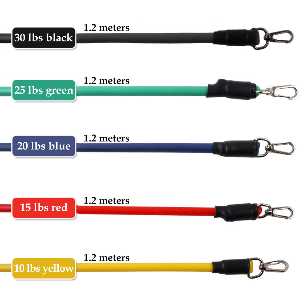Resistance rope bands in black, green, blue, red, and yellow with metal clasps