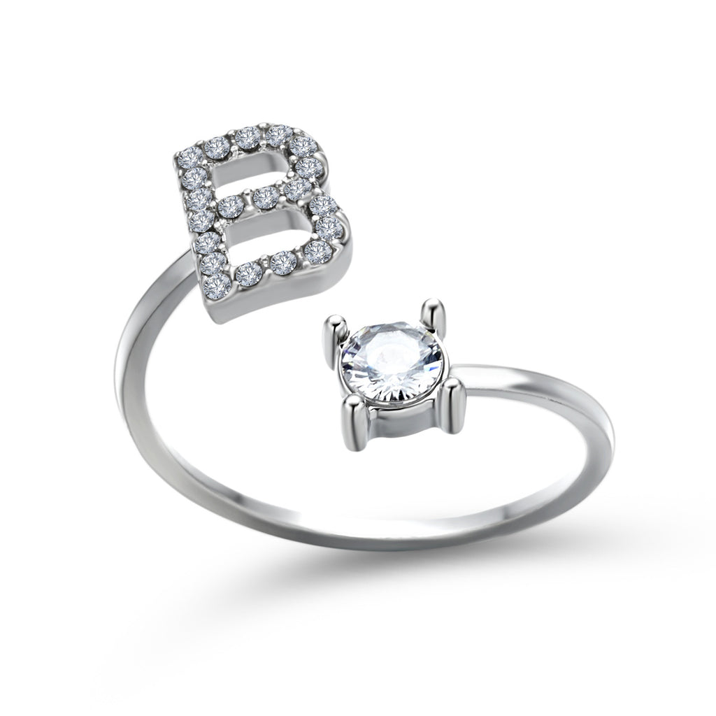 Adjustable initial letter ring with square pavé setting and round crystal, silver tone