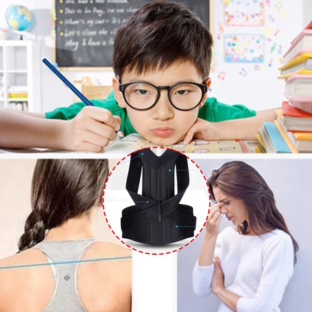 Black posture corrector brace on person, dashed highlight on front center panel