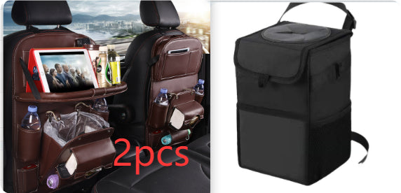 Brown PU leather seat-back storage bag with top flap and carrying handle