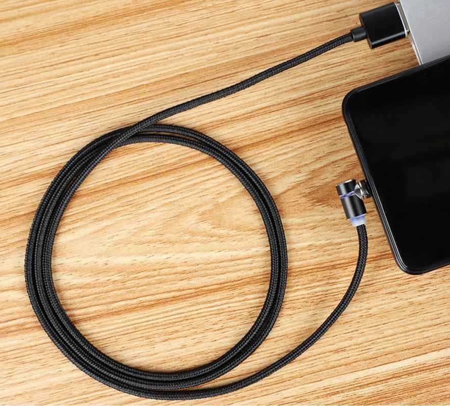 Magnetic charging cable with black braided cord and small connector ends