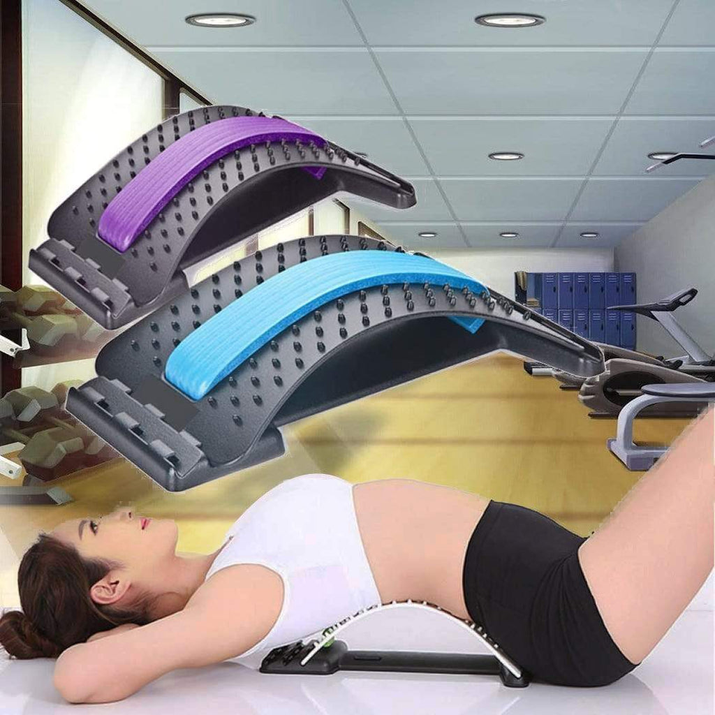 Lumbar traction therapy back brace set with blue and purple curved pads on black base