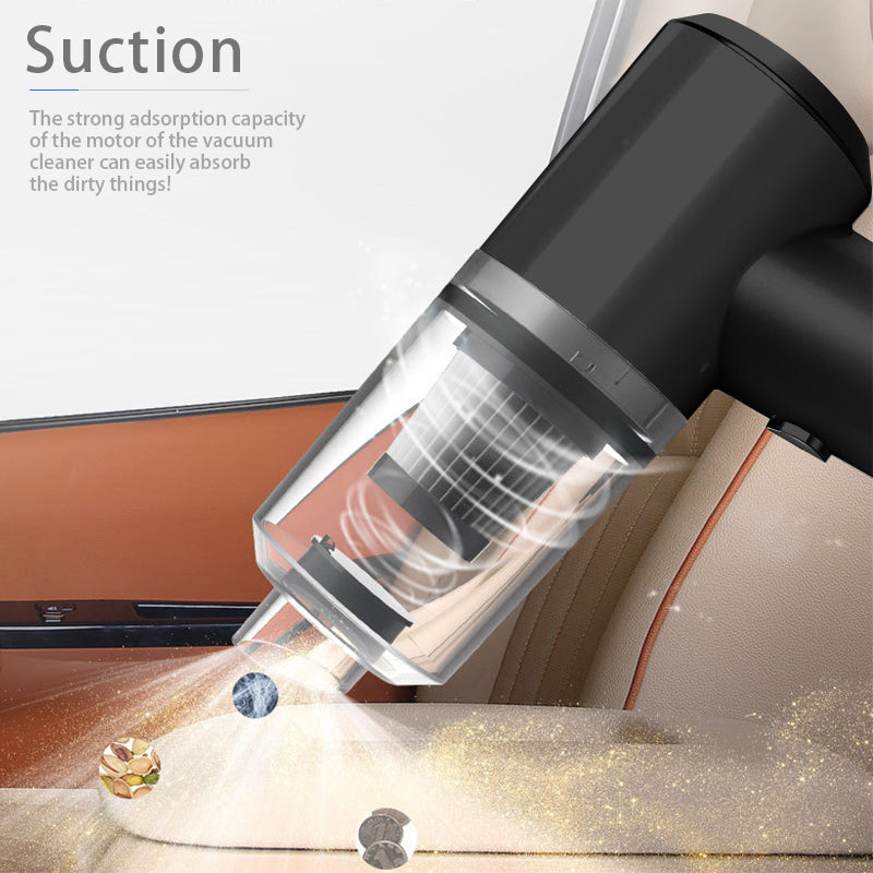 Wireless car vacuum cleaner with clear dust bin and nozzle blowing dust from floor.