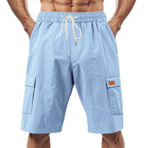 Light blue linen drawstring cargo shorts with elastic waistband and side cargo pockets
