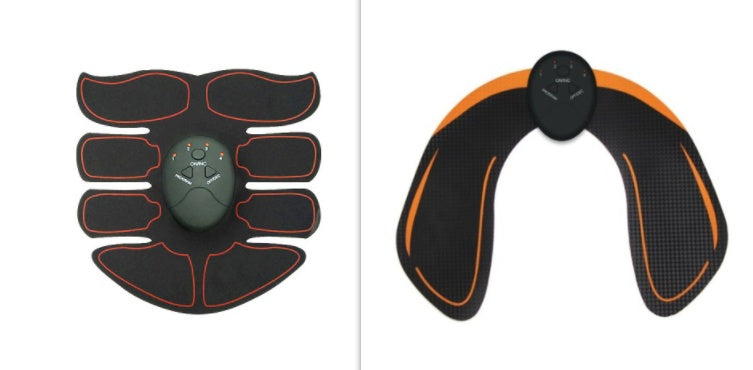 EMS abdominal trainer pads with orange-lined black controller pad and armband-style straps