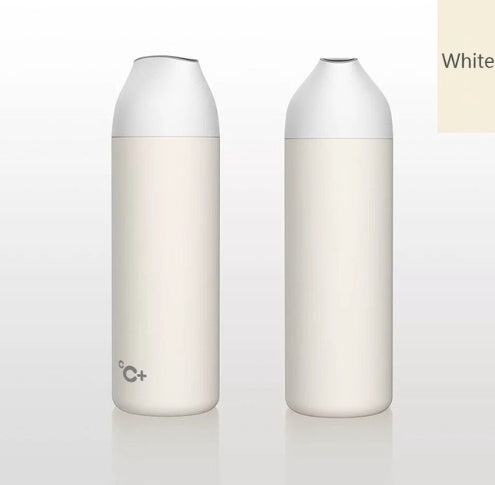 Insulated vacuum thermos bottle with white body and white top, cC+ marking