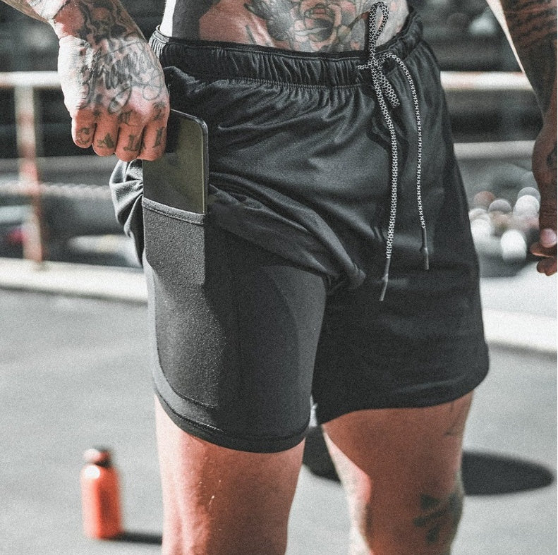 Compression shorts with phone pocket, dark gray/black, elastic waistband, drawstring