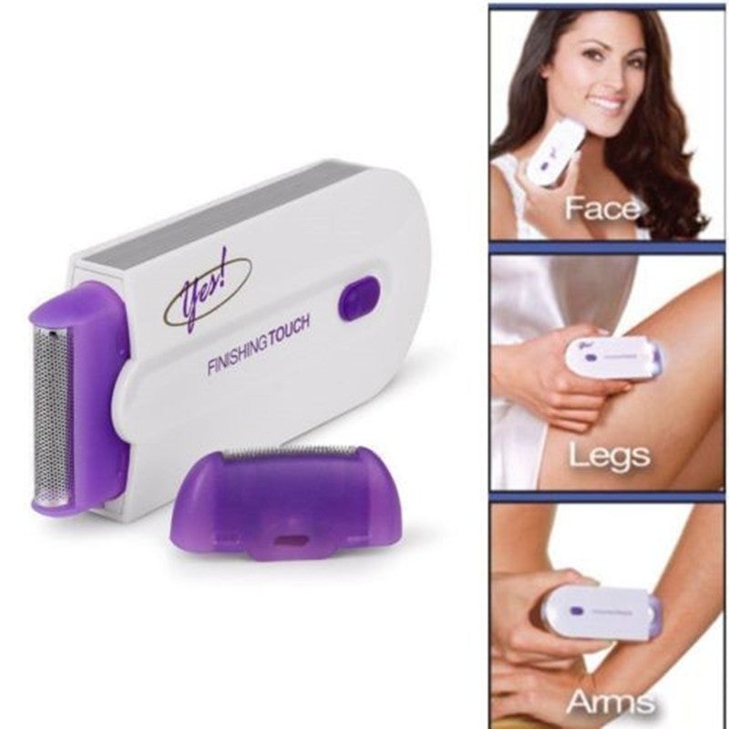Handheld hair removal shaver, white body with purple cap and metal grooming head