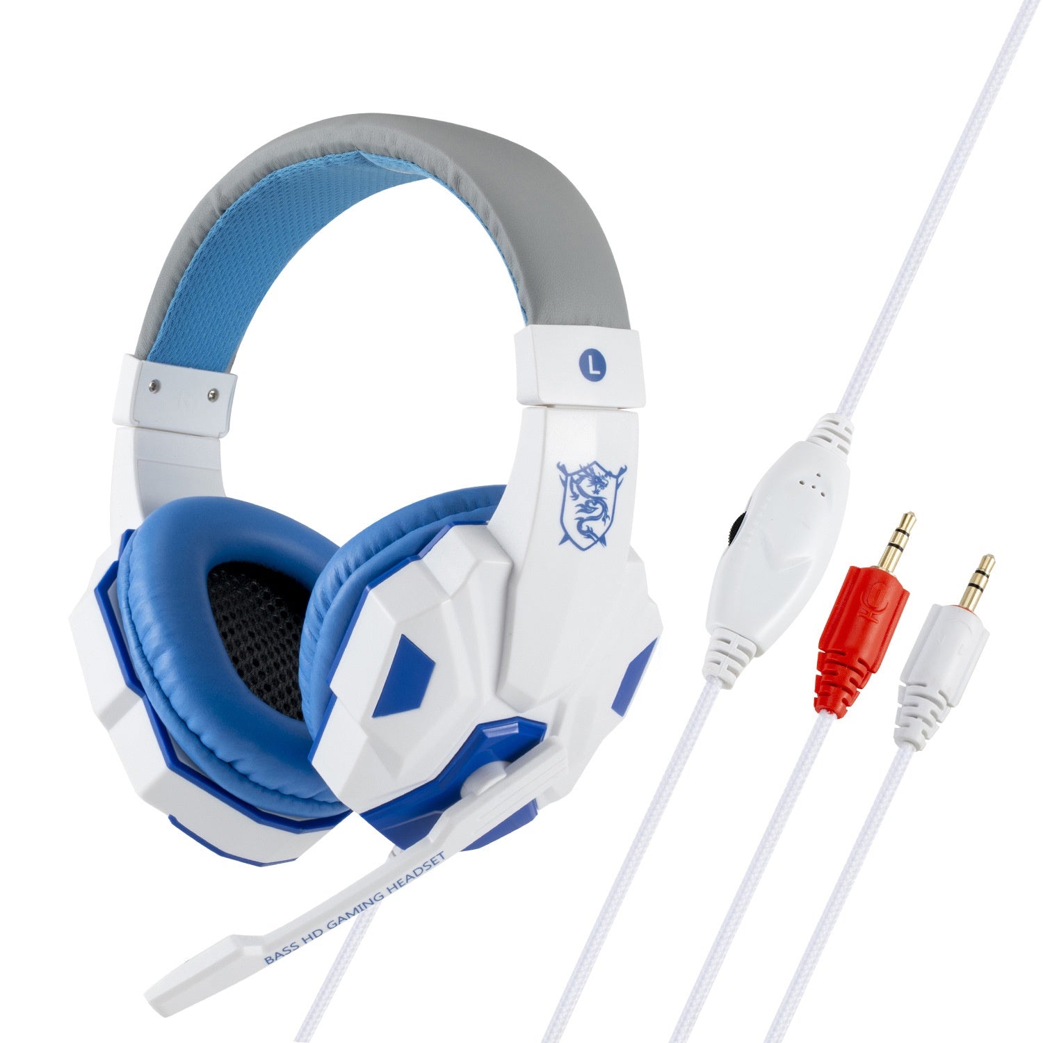 White and blue over-ear headphones with LED accents and multi-plug audio cables