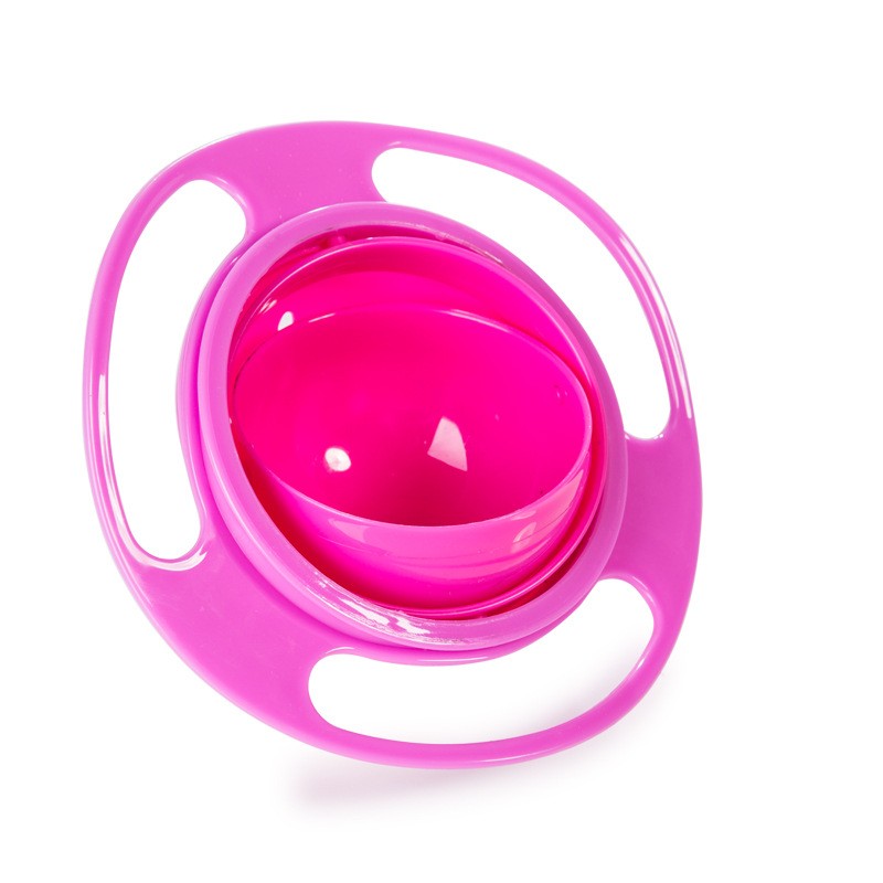 Pink spill-proof bowl dish with magenta inner cup and ring handle, close view