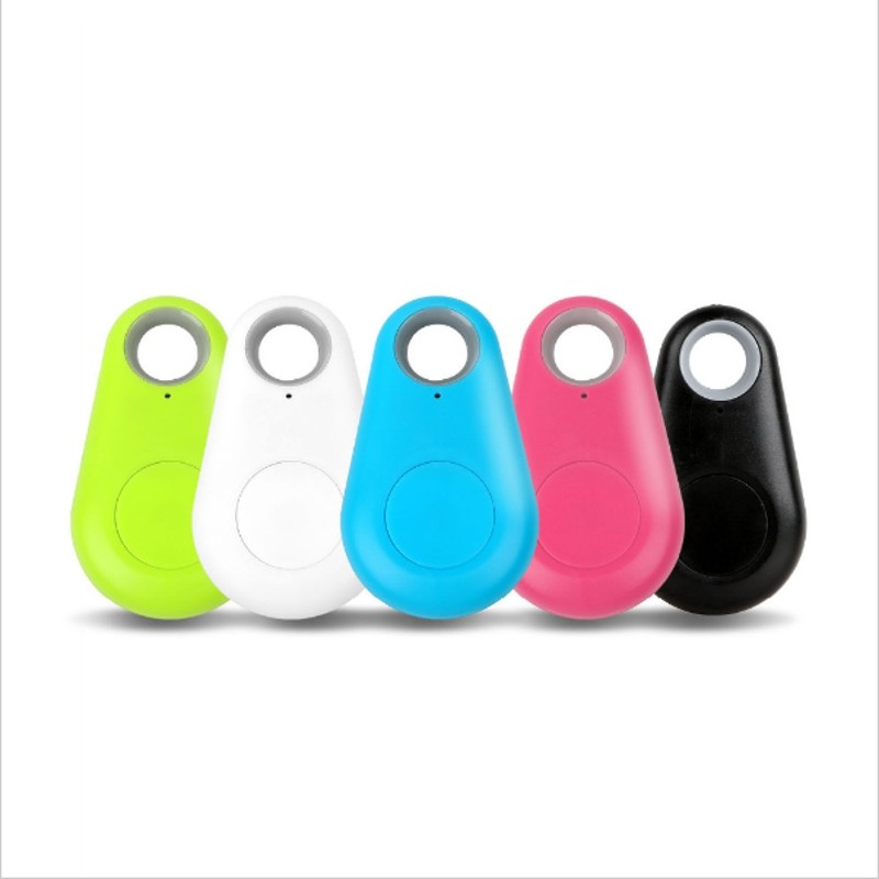 Bluetooth anti-lost key finder fobs, lime green, white, blue, pink, and black.