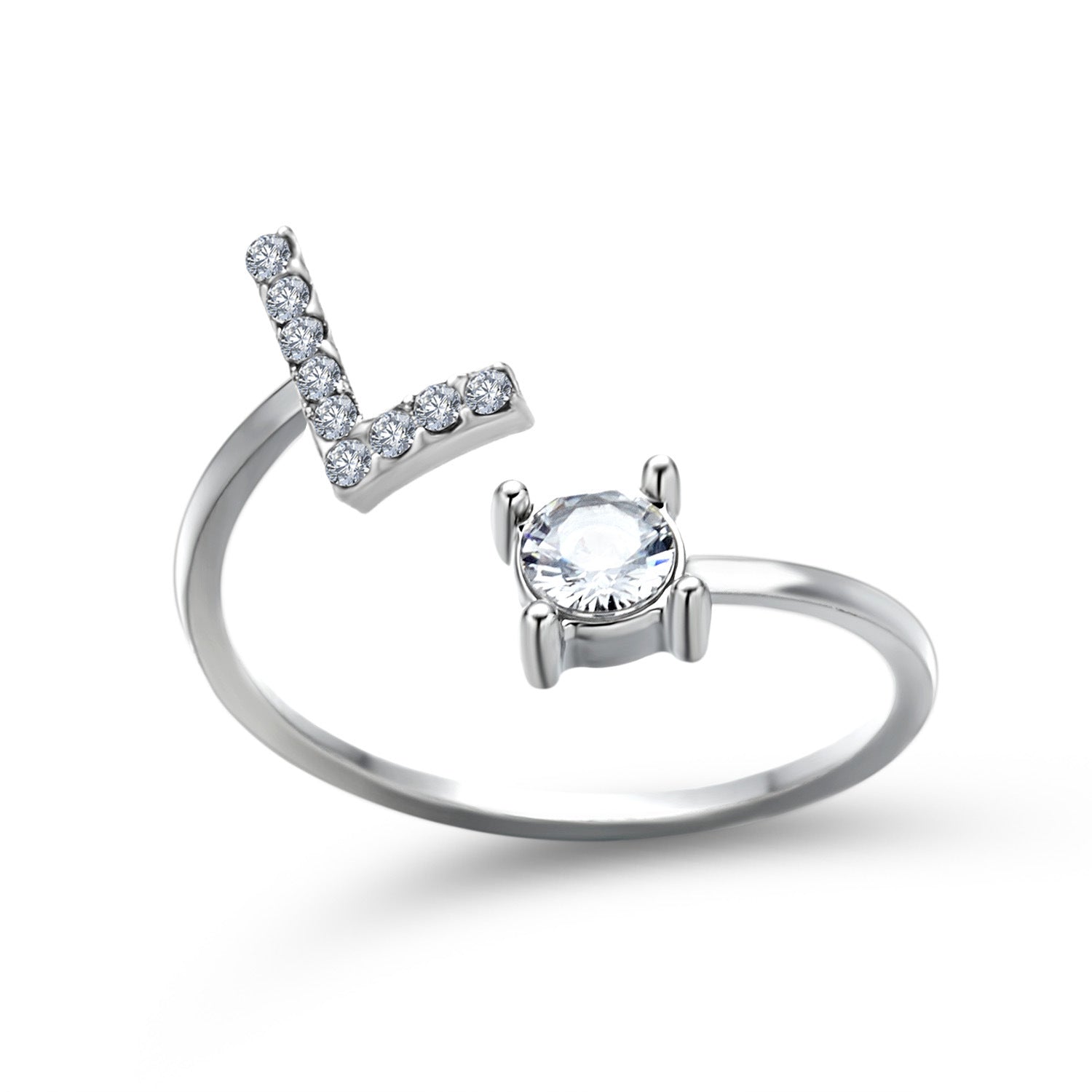 Silver adjustable initial letter ring with pave letter detail and oval center stone.