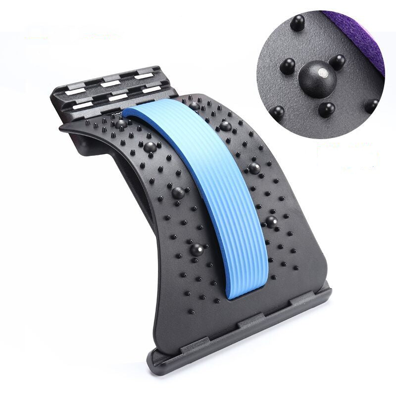 Lumbar traction waist brace, dark gray with light blue support band and studded surface