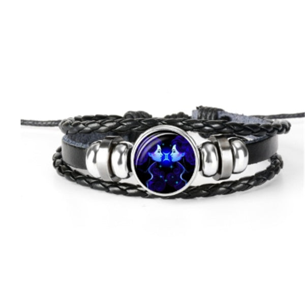 Braided zodiac constellation bracelet with luminous round pendant and metal clasp