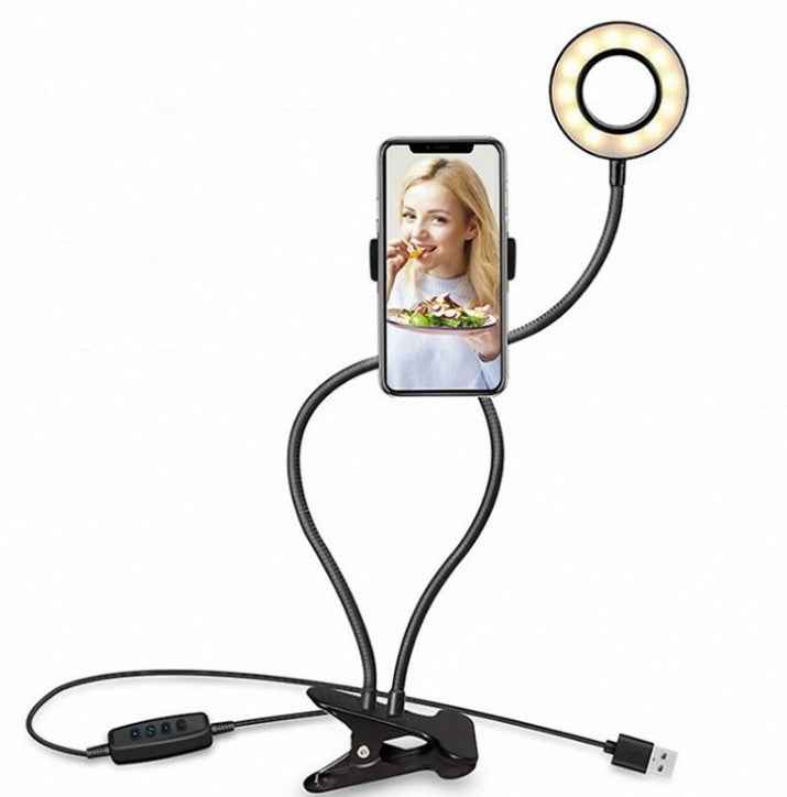 LED selfie ring light with phone mount and flexible tripod base, black