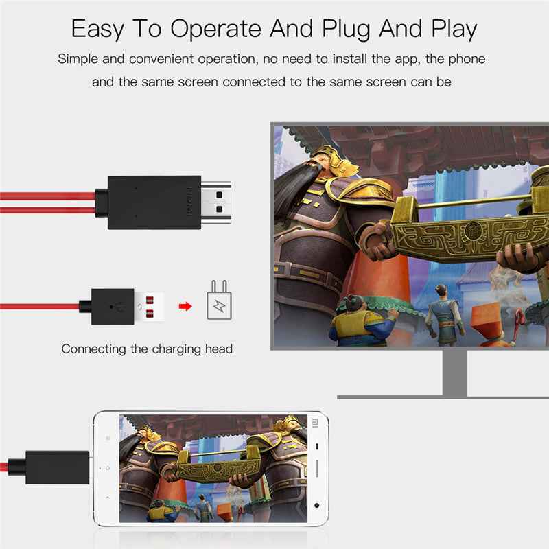 Mobile phone projection cable with Type-C and HDMI adapters, black connectors and red cord