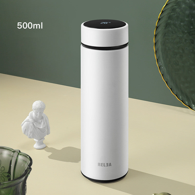 Insulated LCD water bottle, 500 ml, white body with black top temperature screen