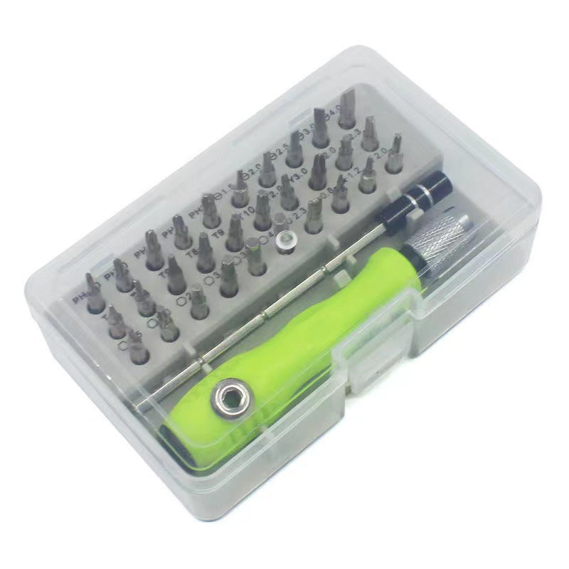 Screwdriver bit set with transparent case, bright green handle, and metal bits