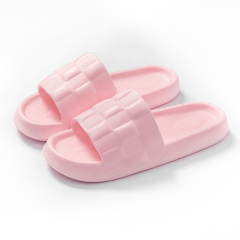 Women's EVA slide sandals in pale pink with checkered strap and textured footbed