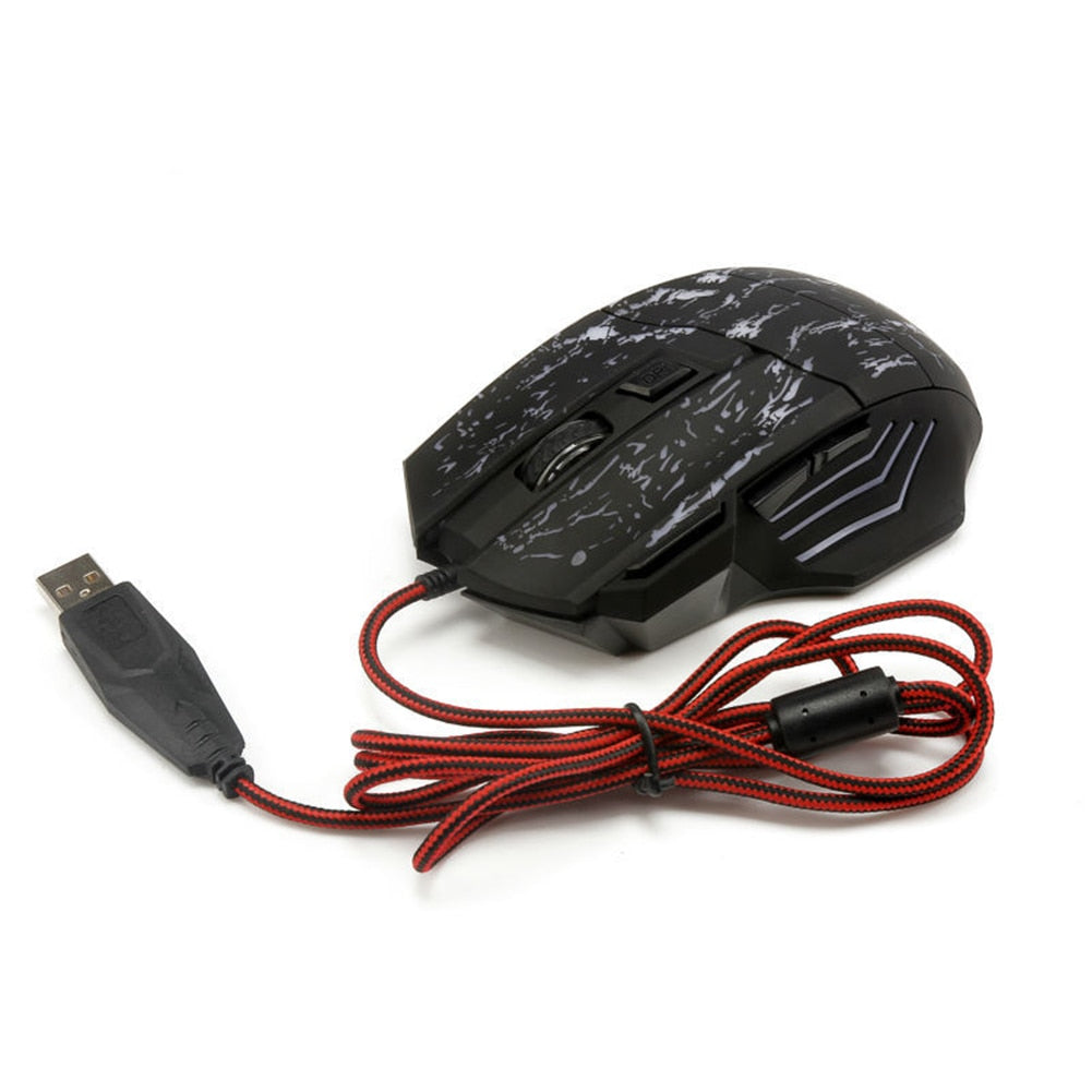Gaming mouse with black splatter design, RGB lights, and red braided USB cable