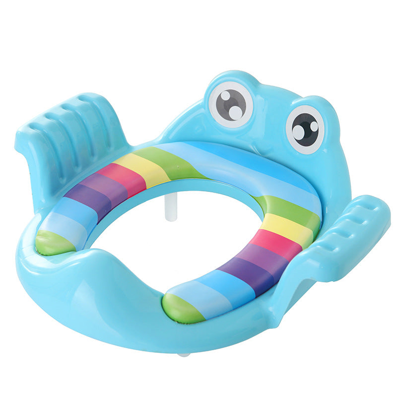 Blue toddler toilet seat with animal face and striped ring, seen from the front