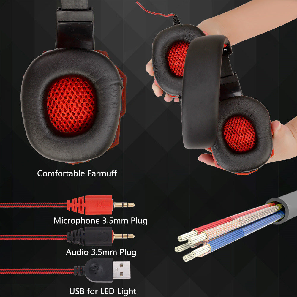 Over-ear gaming headphones, black with red mesh earcups and LED accents