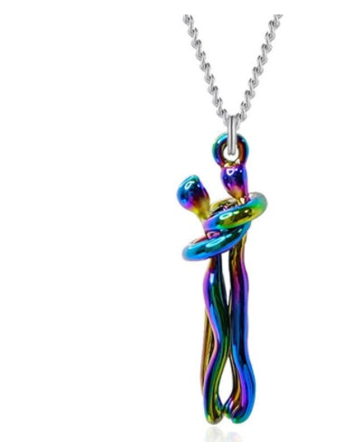 Love hug necklace with silver chain and rainbow enamel hugging couple pendant