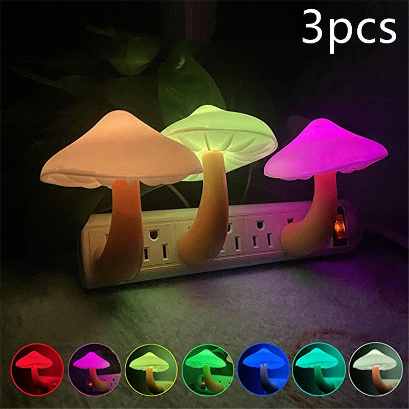 Mushroom night light wall plug lamp set showing three glowing mushroom heads