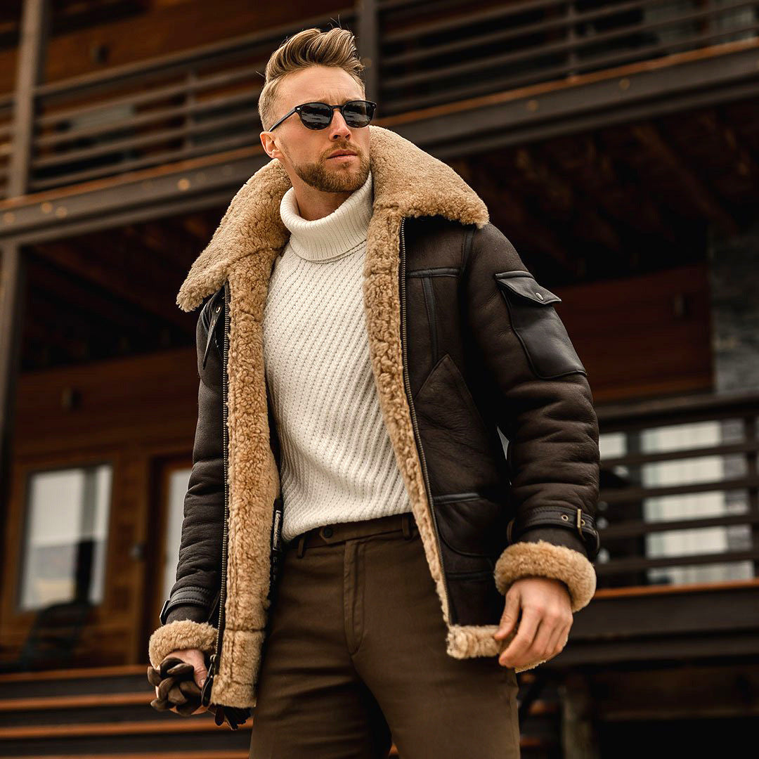 Men's winter jacket with tan sherpa collar, dark leather-style coat, zipped front