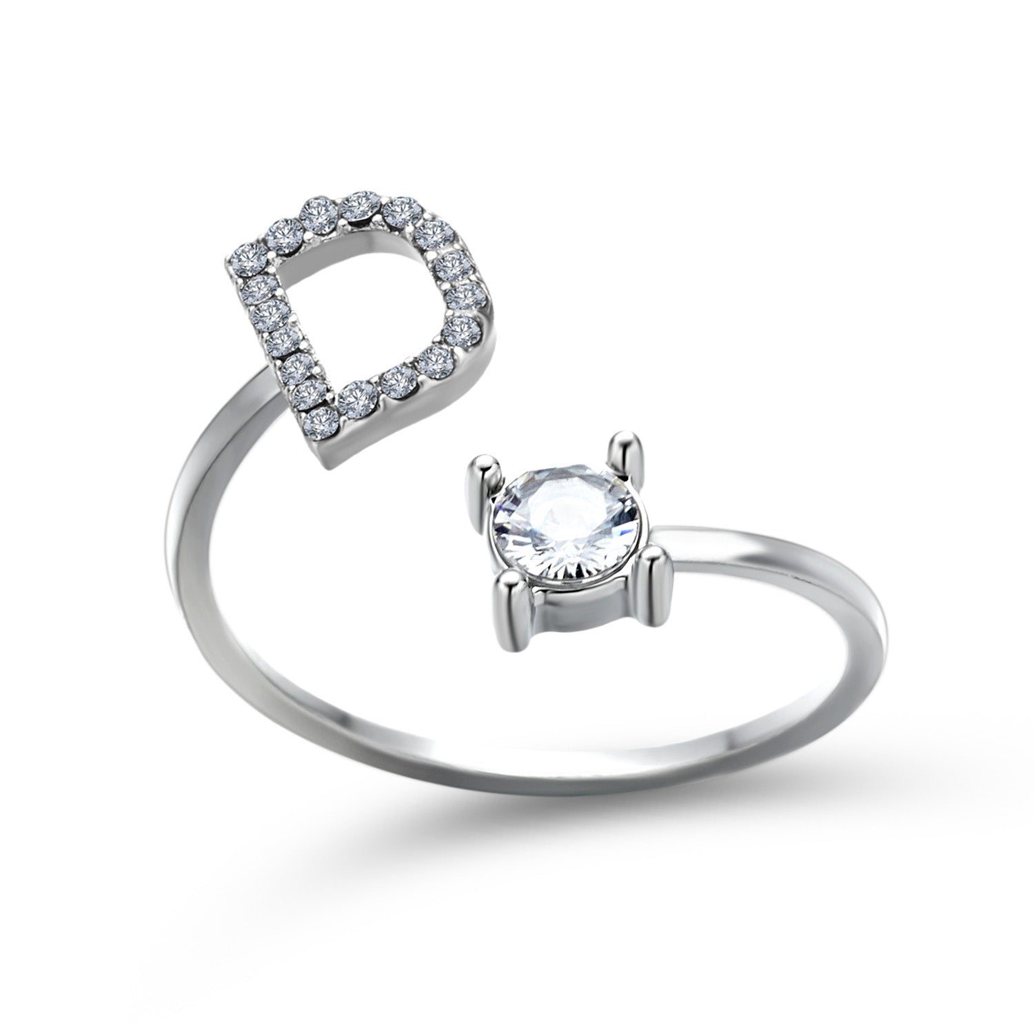 Adjustable initial letter ring with round clear stone, silver-tone pave D-shaped letter