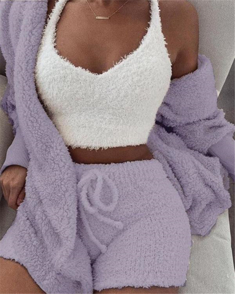 Lavender fuzzy pajama set: cropped tank top, drawstring shorts, long-sleeve cardigan