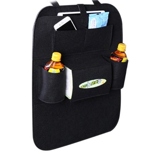 Black auto seat organizer bag with multiple pockets for bottles, phone, and small items