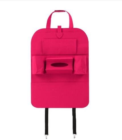 Pink auto seat organizer bag with hanging hook, top handle, and front storage pockets