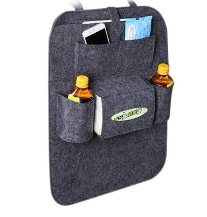 Dark gray auto seat organizer bag with bottle side pockets and front storage sections